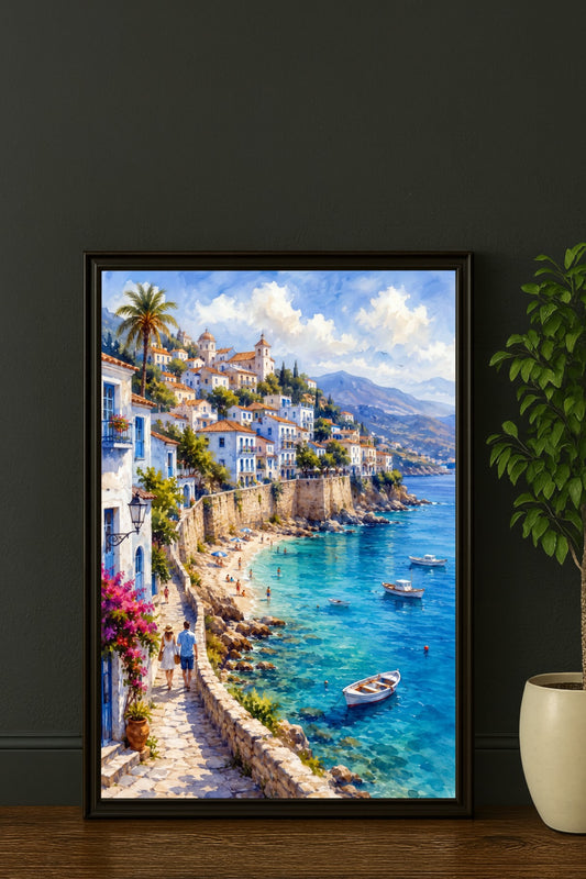 Digitales Poster mit mediterranem Küstenort, weißem Dorf, Palmen, Booten und türkisblauem Meer im schwarzen Rahmen