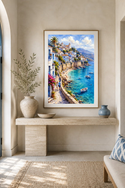Mediterranes Küstenbild mit weißem Dorf und blauem Meer als ruhiger Wandakzent über einer hellen Konsole