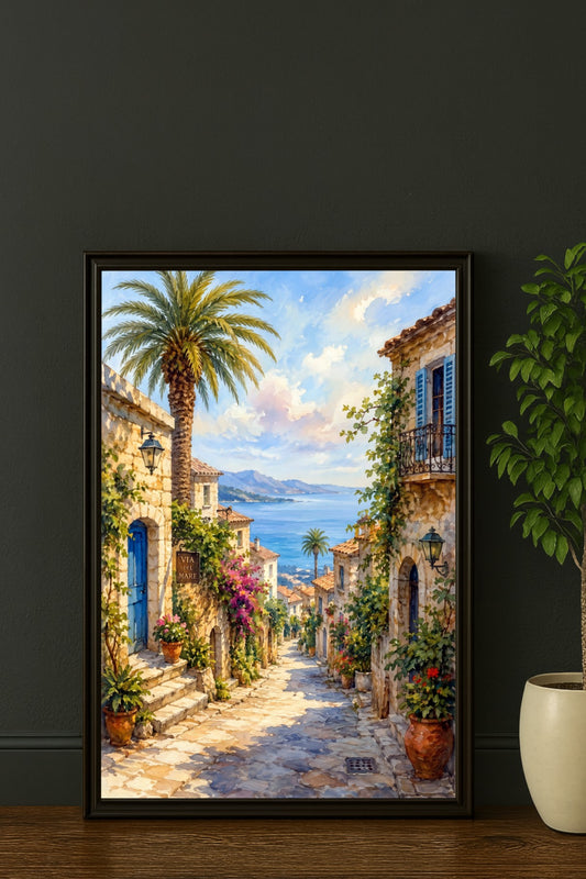 Digitales mediterranes Poster mit Palme, Natursteingasse, blauem Meer und südlichem Küstendorf im schwarzen Rahmen
