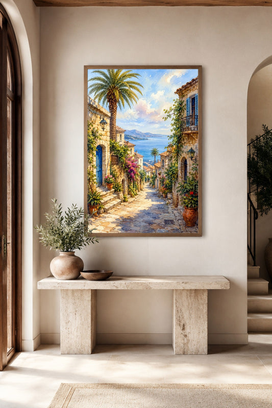 Mediterranes Küstendorf Poster mit sonniger Gasse, Palme und Meerblick als heller Wandakzent im Flur