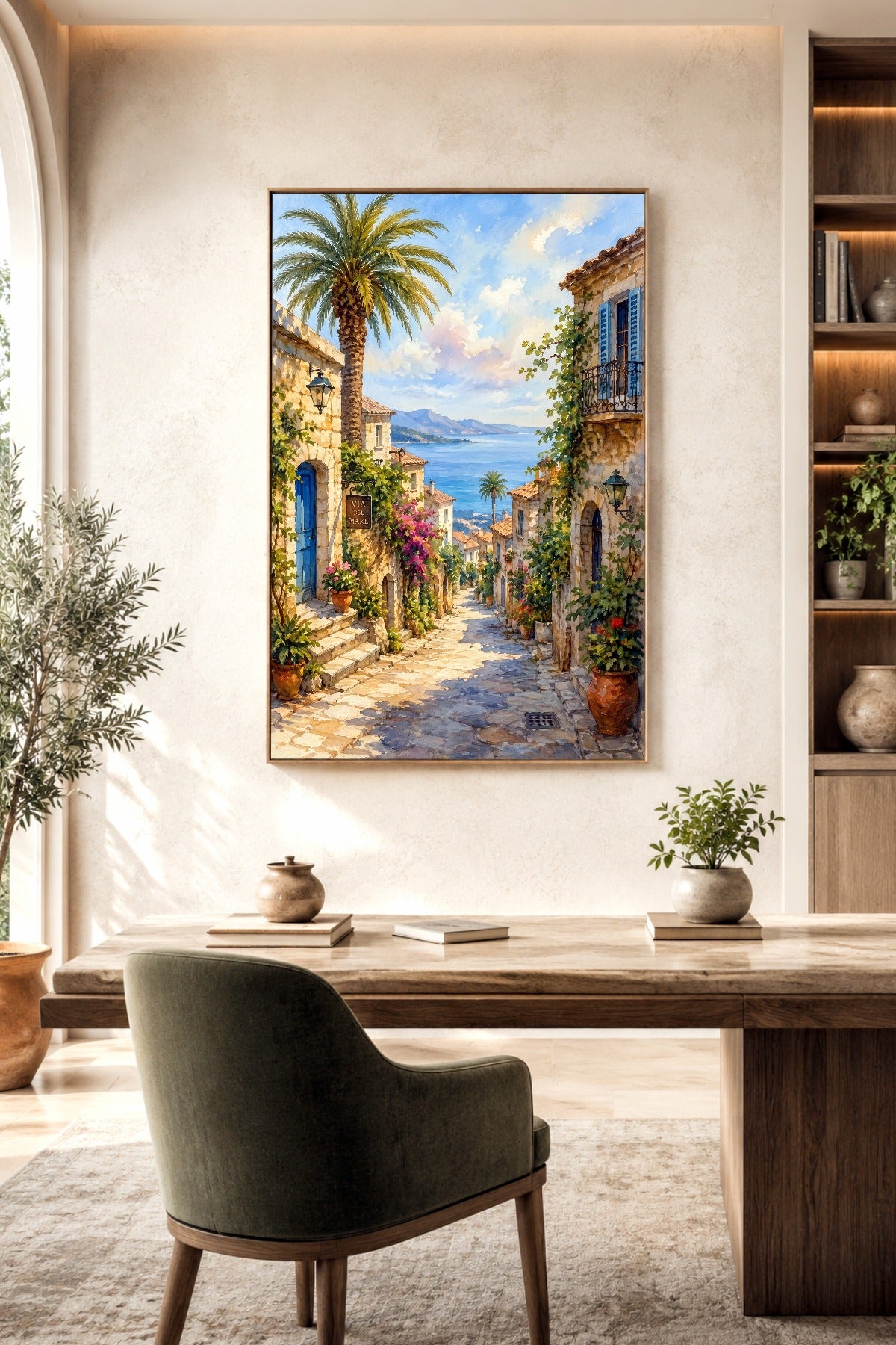 Mediterranes Wandbild mit Palme, blauen Fensterläden, Natursteinfassaden und Meerblick über einem Schreibtisch