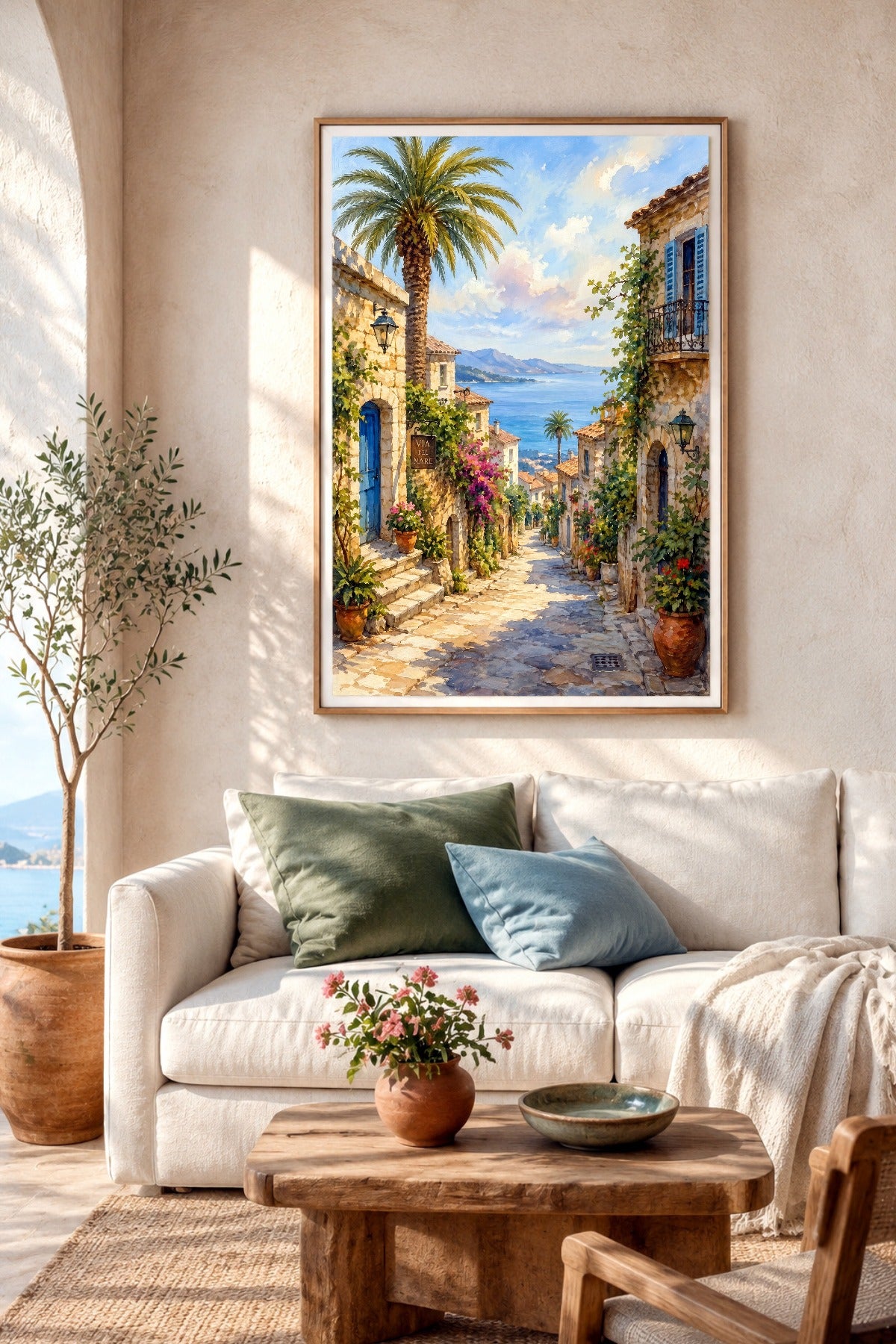 Mediterranes Poster mit sonnigem Küstendorf, Palme, Meerblick und blühender Gasse als Wandbild über Sofa
