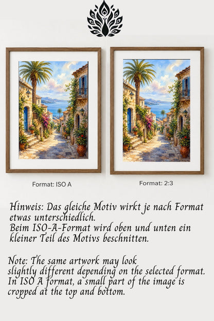 Hinweisbild zum Formatvergleich für ein mediterranes Poster, zeigt ISO A und 2:3 mit unterschiedlichem Bildausschnitt
