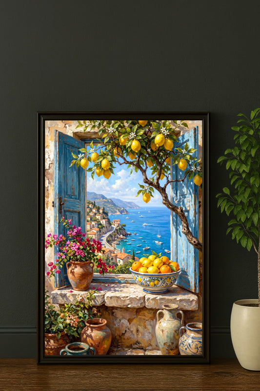 Großes mediterranes Zitronenfenster Poster mit Meerblick, blauen Holzläden, Zitronenbaum, Blumentopf und Keramikvasen im Mockup