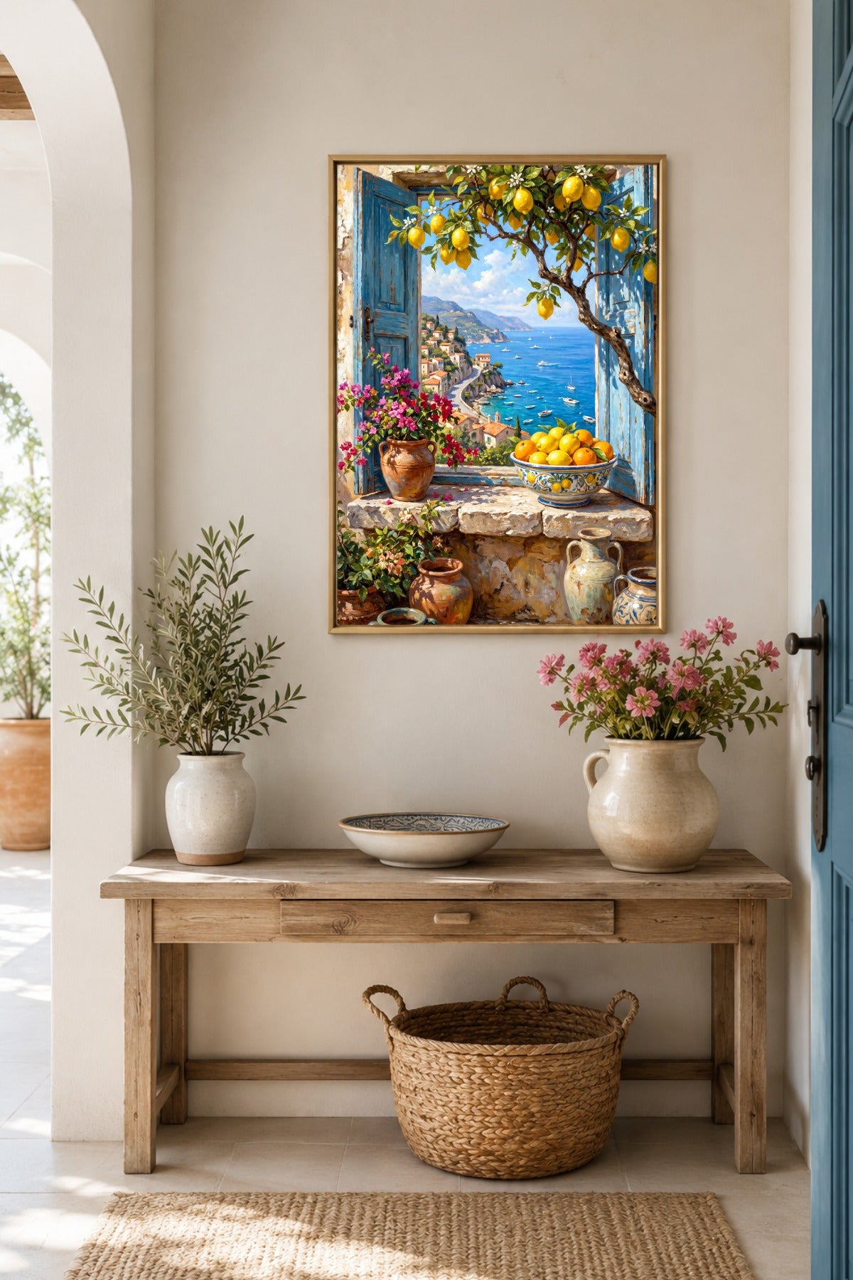 Gerahmtes Zitronenfenster Wandbild im hellen Eingangsbereich, mit Blick aufs Mittelmeer, Zitronenbaum und sonniger Küstenlandschaft