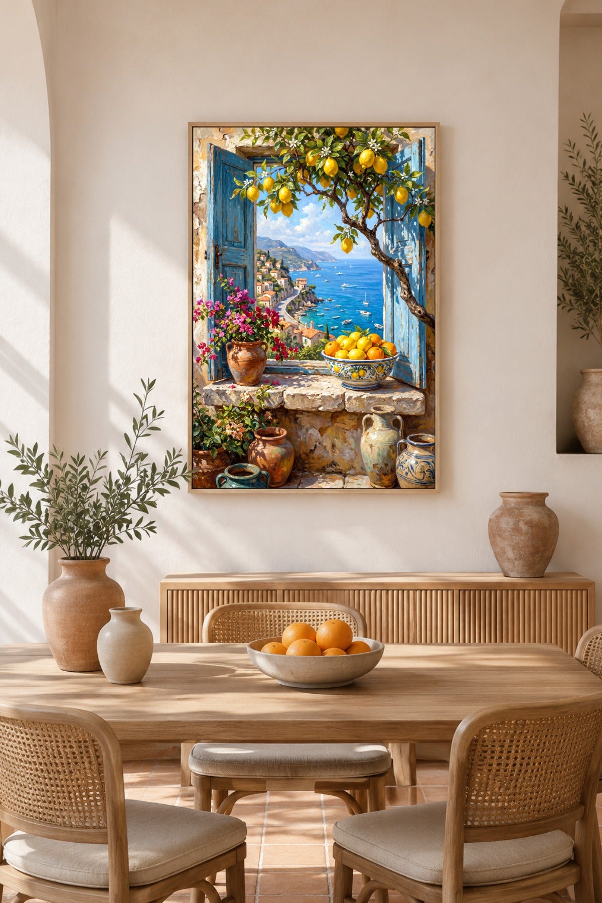Zitronenfenster Poster im Essbereich mit hellem Holz, Korbstühlen, Zitronen auf dem Tisch und sommerlicher Mittelmeer-Stimmung