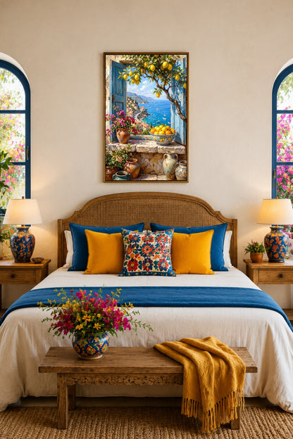 Mediterranes Zitronen Poster über Bett mit Korb-Kopfteil, blauen Akzenten, gelben Kissen und sommerlichem Meerblick-Motiv