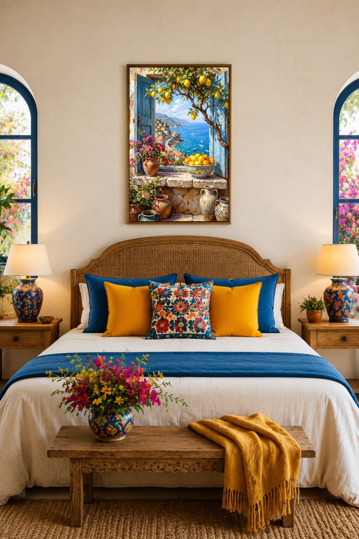 Mediterranes Poster über Bett mit Zitronenfenster, Meerblick, blauen Fensterformen, gelben Kissen und farbenfrohem Sommerstil