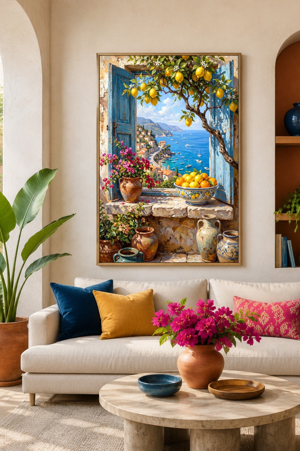 Zitronenfenster Poster im Wohnzimmer mit hellem Sofa, Bougainvillea, blauem Meerblick, Zitronenbaum und mediterraner Wanddeko