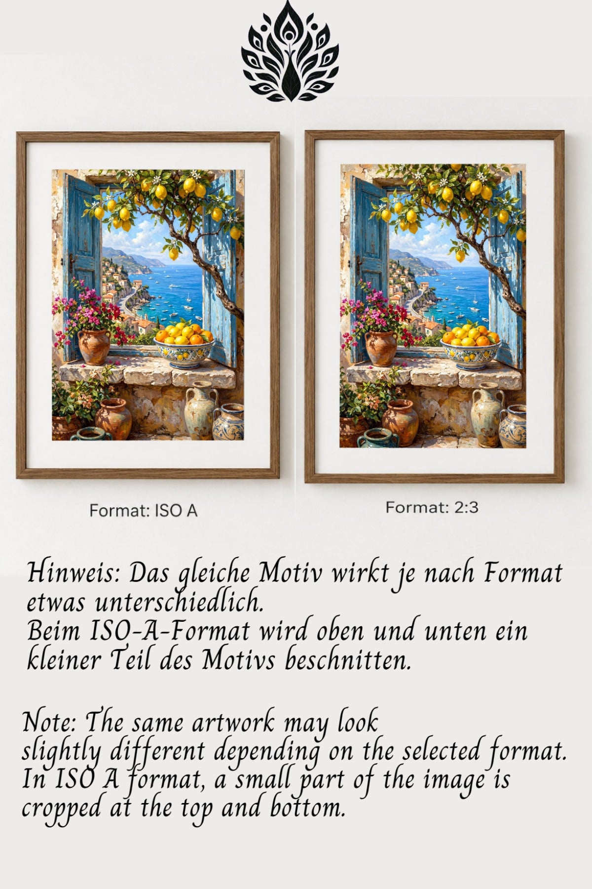 Produktbild mit Formatvergleich für Zitronenfenster Poster in ISO A und 2:3, inklusive Hinweis zu unterschiedlichem Motivbeschnitt