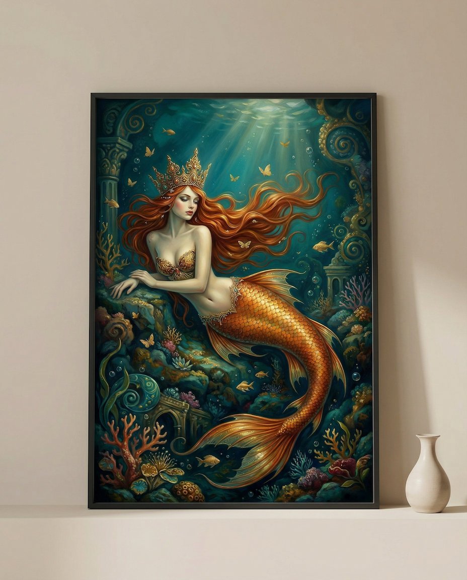 Digitale Illustration einer gekrönten Meerjungfrau im türkisfarbenen Ozean als ausdrucksstarkes Fantasy Wandbild.