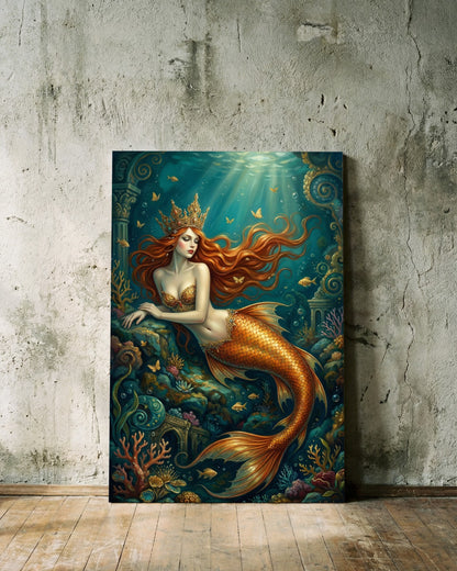 Digitale Illustration einer gekrönten Meerjungfrau im türkisfarbenen Ozean als ausdrucksstarkes Fantasy Wandbild.