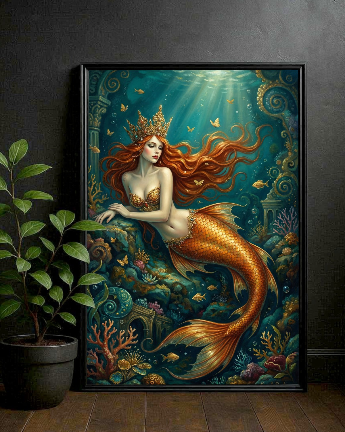Meerjungfrau Königin mit goldener Krone im türkisfarbenen Ozean als hochwertiges Fantasy Poster für stilvolle Wanddekoration.