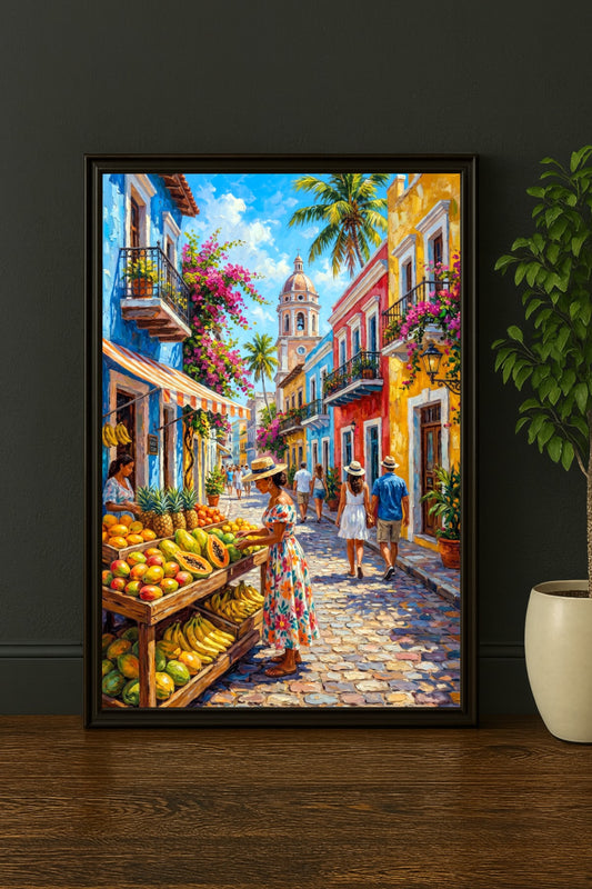 Großes Mexiko Poster mit farbenfroher Gasse, Obststand, Frau am Markt, Palmen, Kirche und bunten Fassaden, im schwarzen Bilderrahmen.