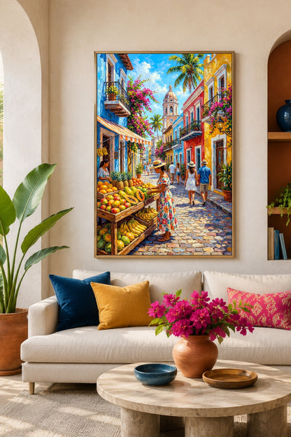 Mexiko Poster im hellen Wohnzimmer über Sofa, mit Marktstand, tropischen Früchten, bunten Häusern, Kirchturm und Bougainvillea