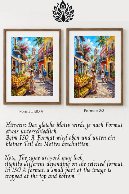 Produktbild mit Formatvergleich für Mexiko Poster, links ISO A und rechts 2:3, inklusive Hinweis zum möglichen Beschnitt