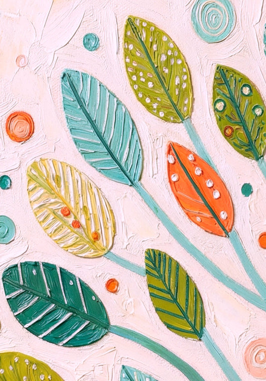 Digitales Baum-Wandbild mit türkisfarbenem Stamm, feinen Ästen, bunten Blättern und hellem Hintergrund mit sichtbarer Öltextur.