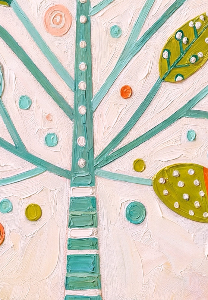 Stilisierter Baum als digitales Poster mit türkisfarbenem Stamm, farbigen Blättern in Grün, Petrol, Mint, Orange und Gelb sowie heller Leinwandstruktur.
