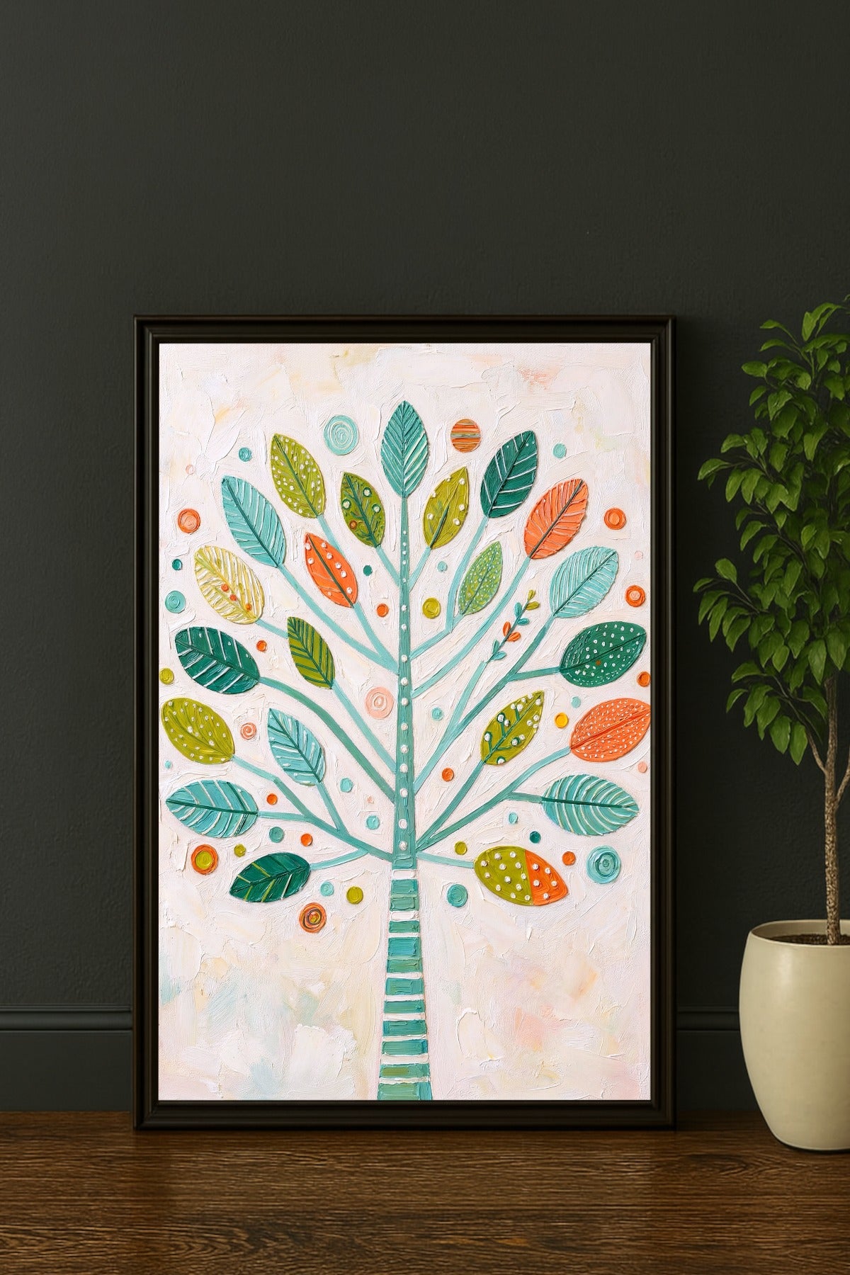 Digitales Baum Wandbild mit türkisfarbenem Stamm, bunten Blättern und heller Öltextur.