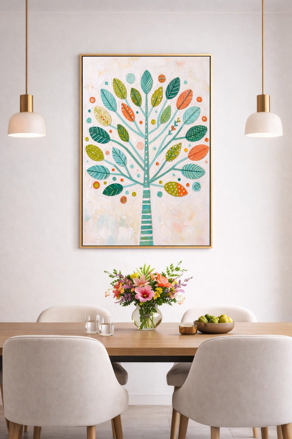 Digitales Naturposter mit abstraktem Baum, türkisfarbenem Stamm, buntem Blätterdach und ruhiger heller Ölmalerei-Textur.