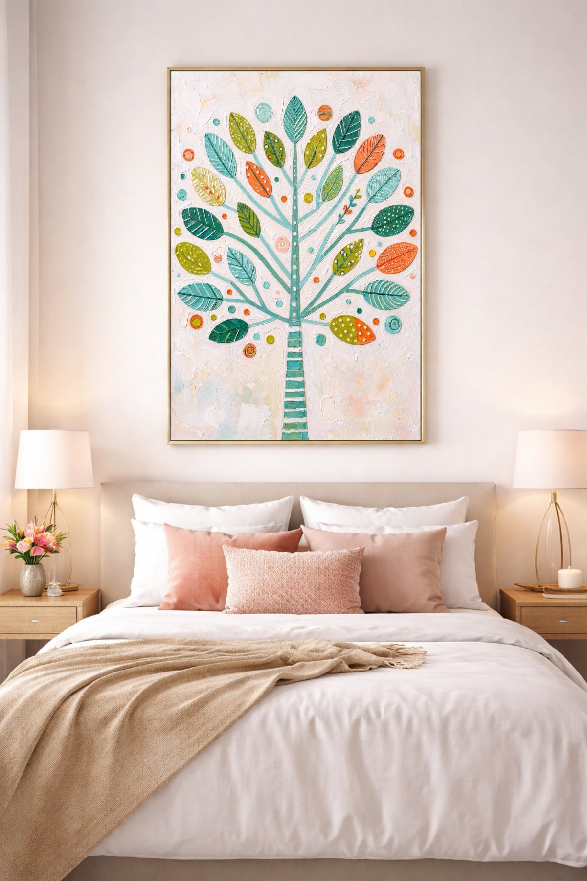 Minimalistisches Baum-Wandbild mit türkisfarbenem Stamm, bunten Blättern, kleinen Punktdetails und hellem Hintergrund in Öltextur-Optik.