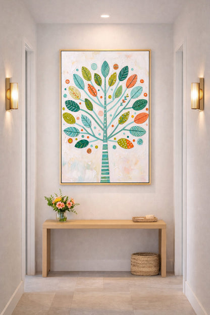 Digitales Nature Wall Art Poster mit türkisfarbenem Baumstamm, buntem Blättermotiv und heller Leinwandoptik mit feiner Ölstruktur.