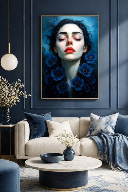 Modernes Fine-Art-Poster mit weiblichem Gesicht, roten Lippen, geschlossenen Augen und großen blauen Anemonen in traumhafter, schwebender Atmosphäre.