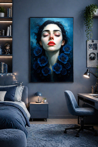 Surreale Wandkunst mit ruhigem Frauenportrait, geschlossenen Augen, kräftig roten Lippen und blauen Anemonen als floraler Rahmen.