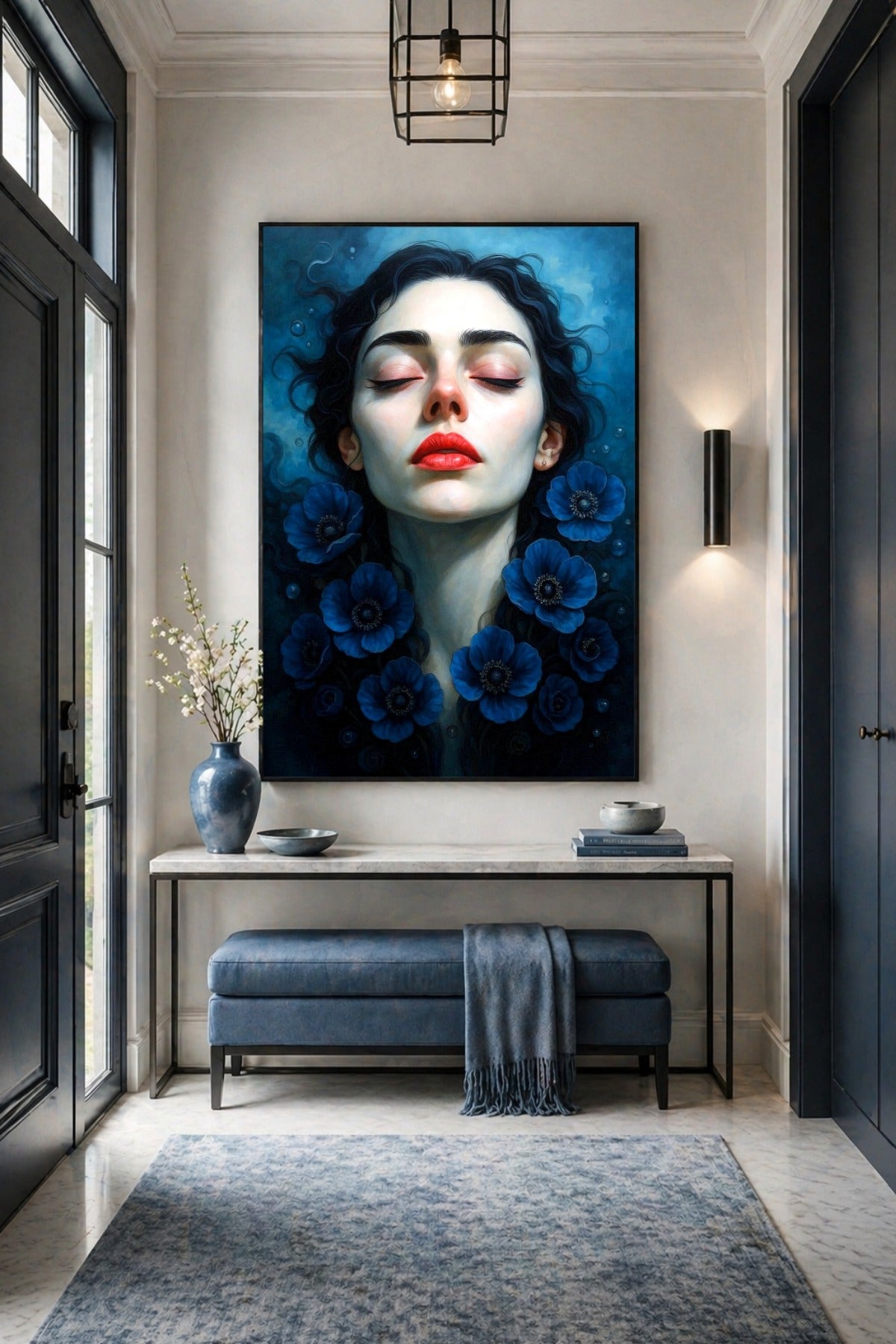 Modernes Poster mit femininem Portrait, tiefblauen Anemonen, roten Lippen und schwebenden Details in mystischer Unterwasser-Optik.