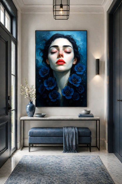 Modernes Poster mit femininem Portrait, tiefblauen Anemonen, roten Lippen und schwebenden Details in mystischer Unterwasser-Optik.
