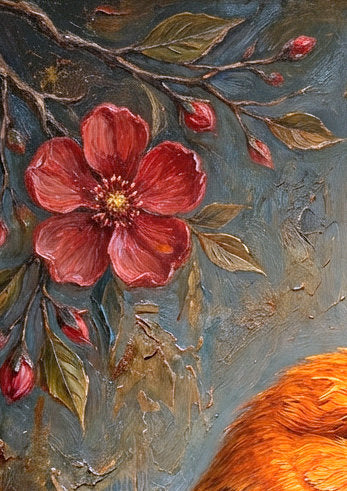 Detailsansicht. Hochformatiges Poster mit leuchtend orangefarbenem Vogel, feinen roten Blüten und großem Vollmond vor stimmungsvollem, gemaltem Hintergrund.