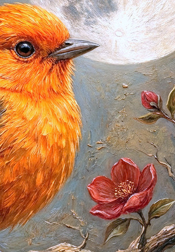 Detailsansicht. Digitales Wandbild im Hochformat mit orangefarbenem Vogel auf einem Ast vor hellem Vollmond und roten Blüten in malerischer Hintergrundgestaltung.