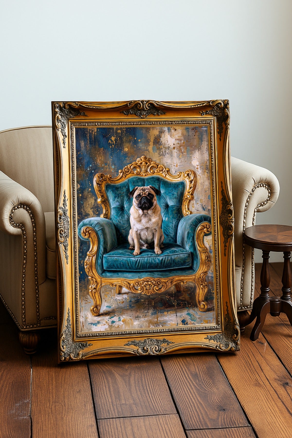 Detailaufnahme des Mops Posters mit türkisfarbenem Barocksessel, goldenen Verzierungen und antiker Bildwirkung im dekorativen Vintage-Look.