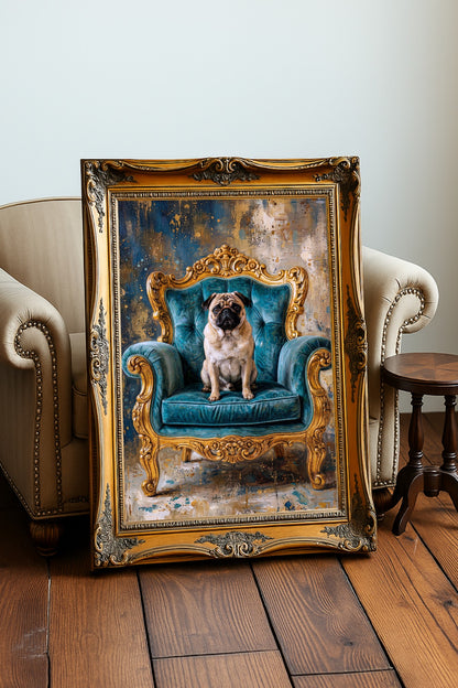 Detailaufnahme des Mops Posters mit türkisfarbenem Barocksessel, goldenen Verzierungen und antiker Bildwirkung im dekorativen Vintage-Look.