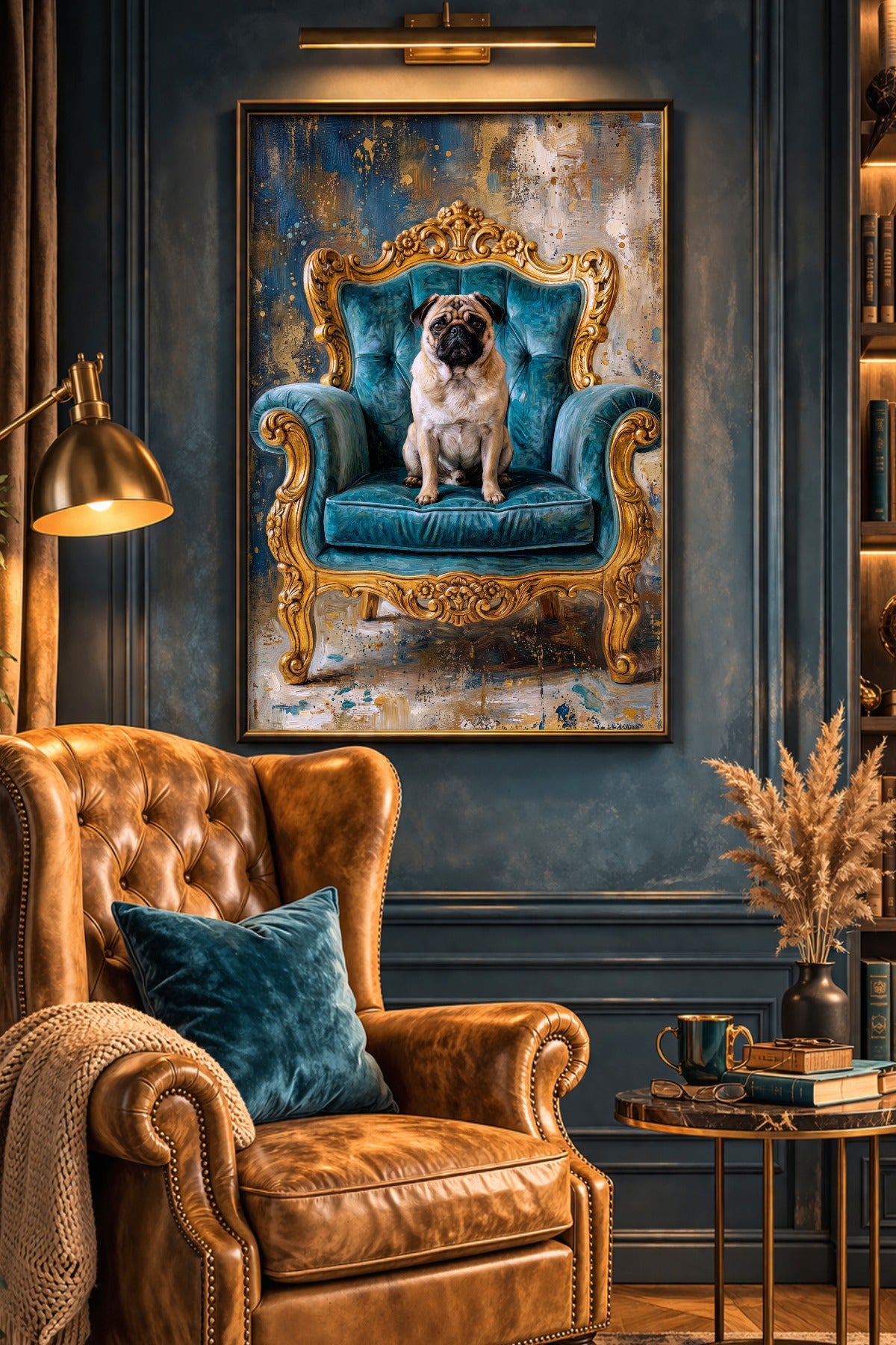 Mops Poster mit türkisblauem Prunksessel, goldener Schnitzerei und strukturierter Farbfläche im Hintergrund als stilvoller Hunde Kunstdruck. Lesezimmerdeko