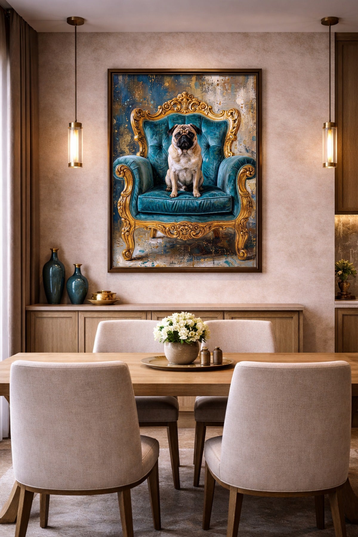 Mops Wandbild im Hochformat mit türkisblauem Thronsessel, goldenen Schnitzdetails und malerisch strukturierter Hintergrundfläche. Esszimmerdeko