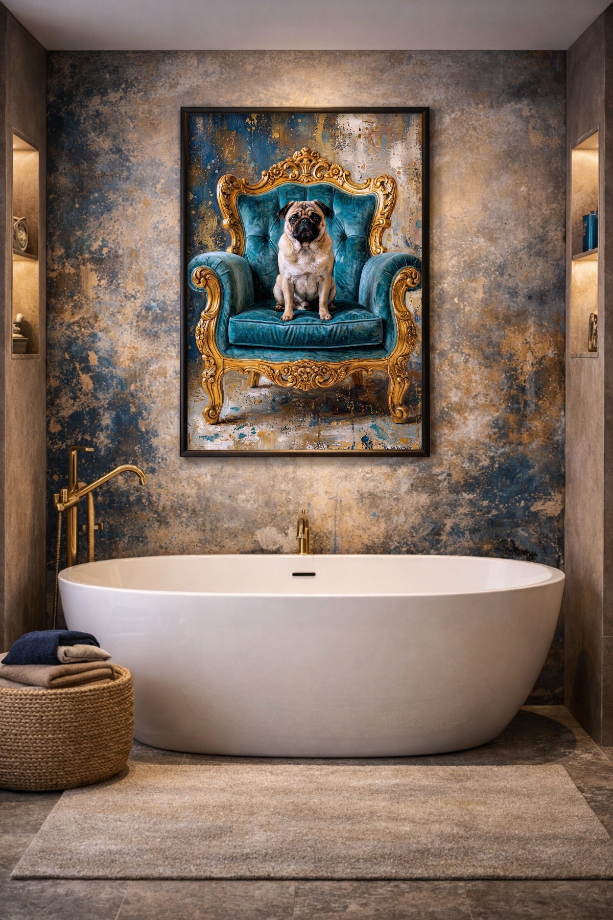 Hochformatiger Kunstdruck eines Mopses auf einem opulenten Sessel in Türkis und Gold vor lebendig strukturierter Hintergrundgestaltung. Badezimmerdeko
