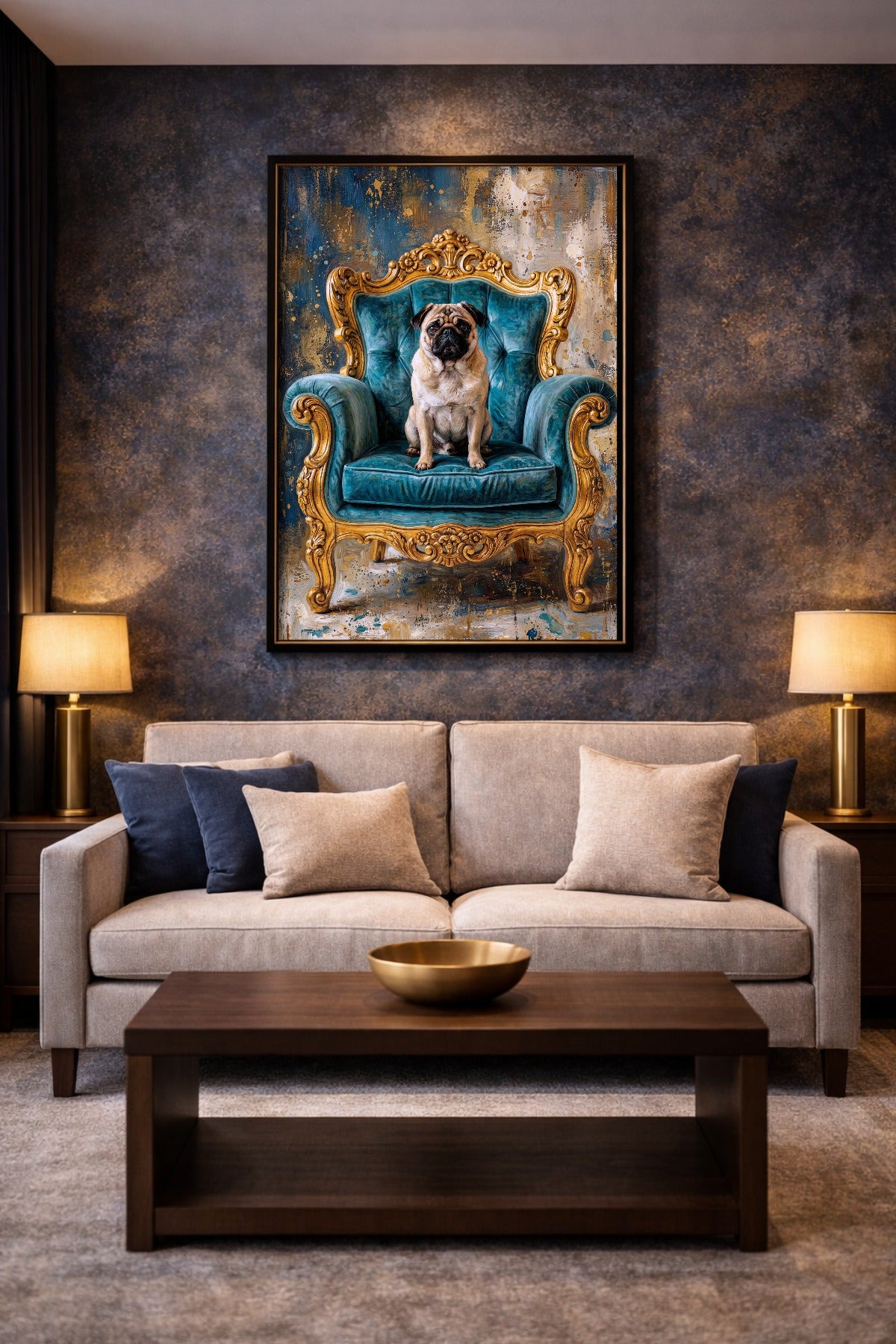 Edles Mops Poster mit goldverziertem Prunksessel in Türkis und malerischer Hintergrundfläche als stilvolle Hunde Wandkunst im Hochformat. Wohnzimmerdeko
