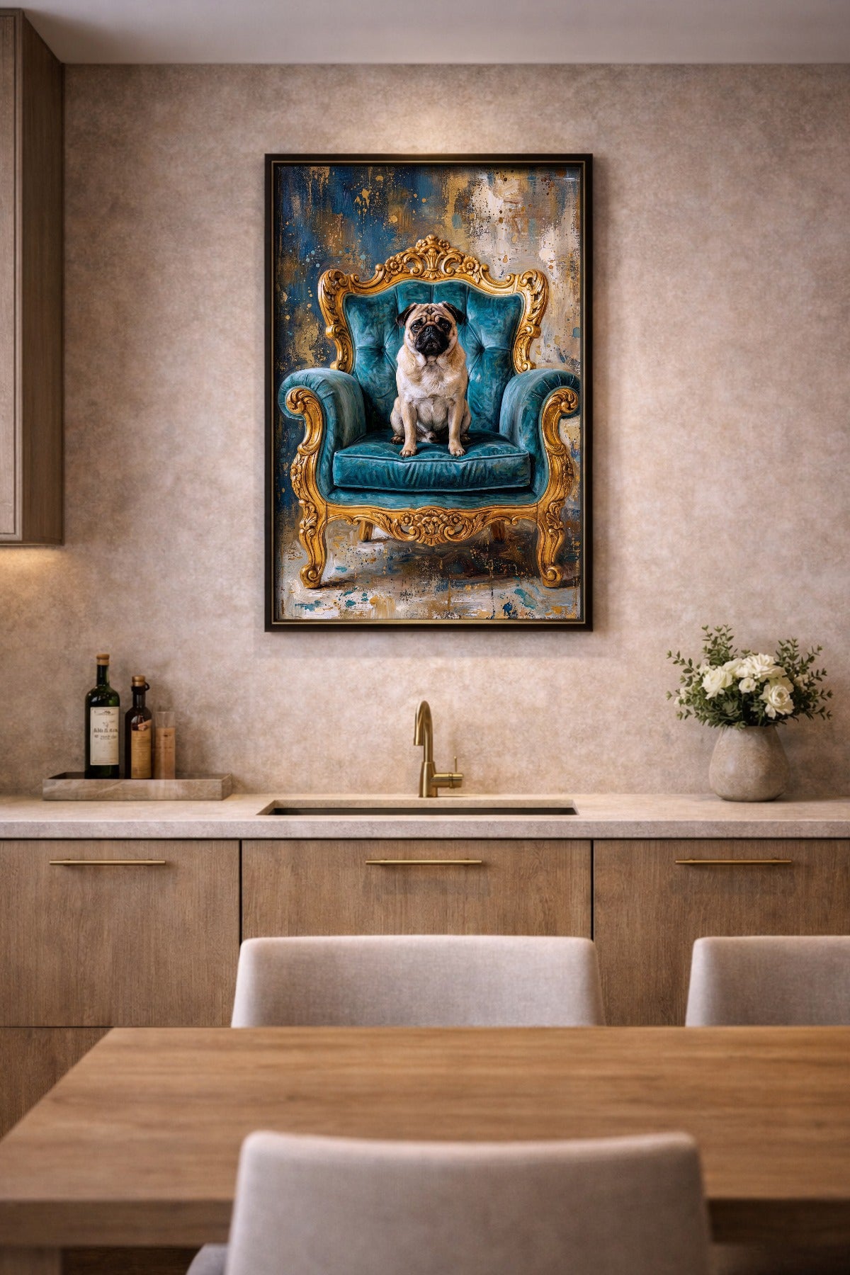 Detailbild des digitalen Mops Wandbilds mit Fokus auf Gesicht, Fell und Ausdruck des Hundes im Vintage-Ölgemälde-Stil vor malerischem Hintergrund.
