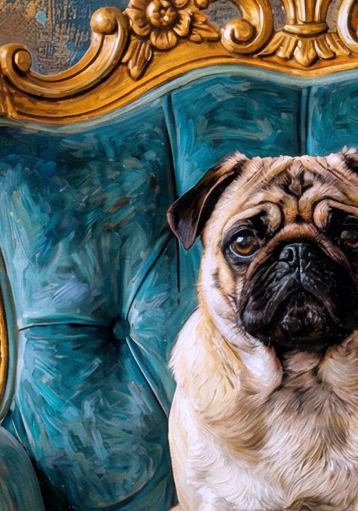 Digitales Mops Wandbild im Vintage-Ölgemälde-Stil als stilvolle Wanddeko für das Wohnzimmer, mit Hund auf türkisfarbenem Barocksessel und goldenen Verzierungen.