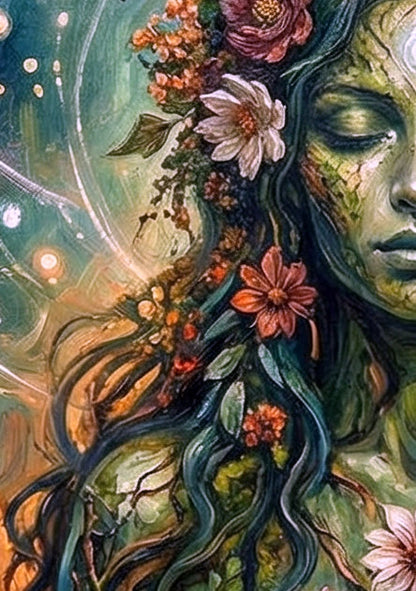 Detailansicht Gesicht. Spirituelles digitales Mutter-Erde-Poster mit meditierender Naturgöttin, Weltkugel, Blumen und leuchtenden Linien in Grün, Blau und warmen Erdtönen.