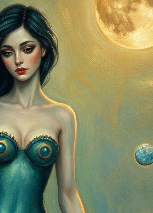 Digitales Poster mit Meerjungfrau, Mond und Skyline in Türkis- und Goldtönen als mystische Wandkunst für moderne Wohnräume