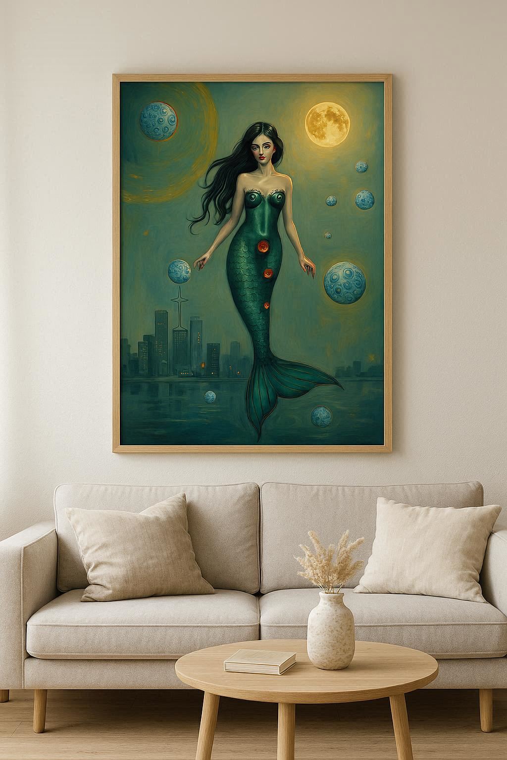 Digitales Poster mit Meerjungfrau, Mond und Skyline in Türkis- und Goldtönen als mystische Wandkunst für moderne Wohnräume