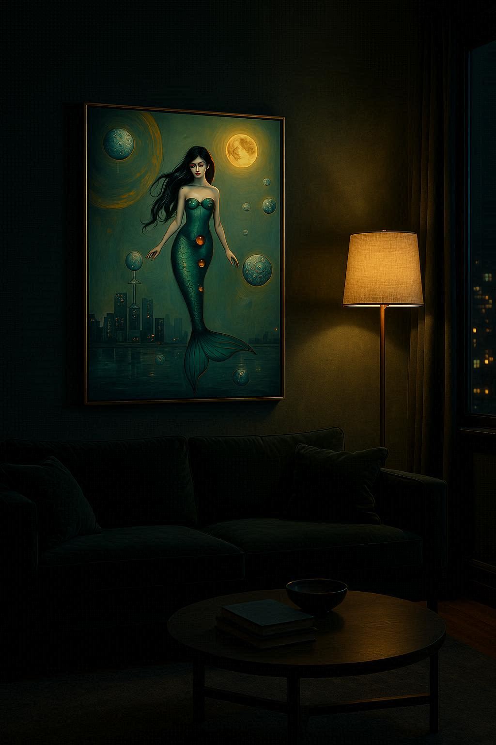 Digitales Poster mit Meerjungfrau, Mond und Skyline in Türkis- und Goldtönen als mystische Wandkunst für moderne Wohnräume