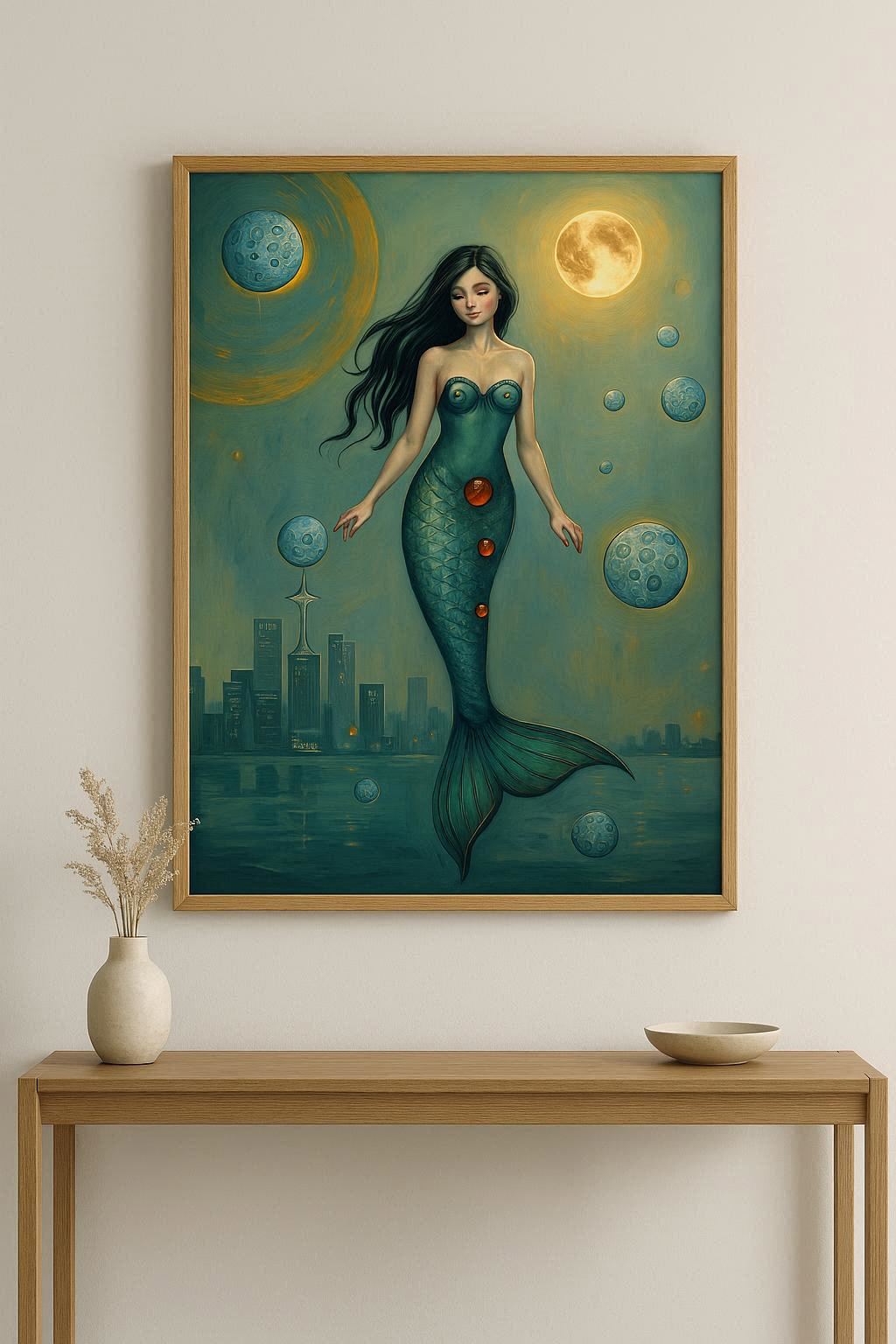 Digitales Poster mit Meerjungfrau, Mond und Skyline in Türkis- und Goldtönen als mystische Wandkunst für moderne Wohnräume