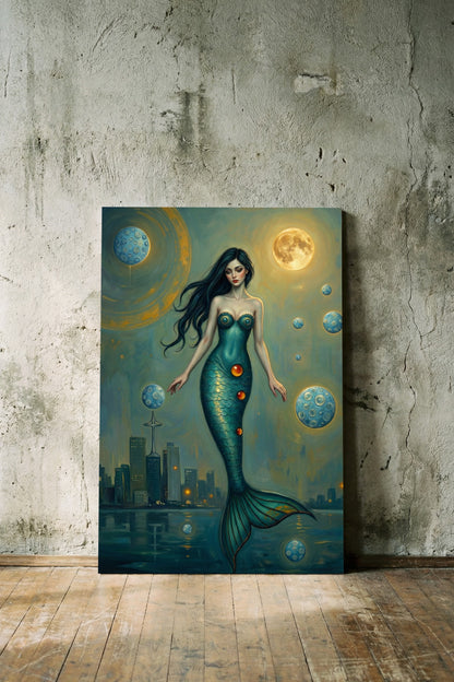 Digitales Poster mit Meerjungfrau, Mond und Skyline in Türkis- und Goldtönen als mystische Wandkunst für moderne Wohnräume