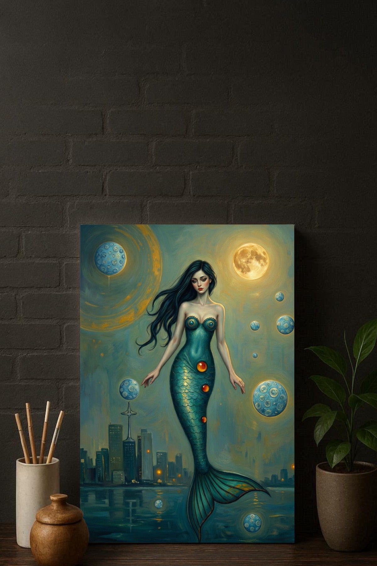 Digitales Poster mit Meerjungfrau, Mond und Skyline in Türkis- und Goldtönen als mystische Wandkunst für moderne Wohnräume