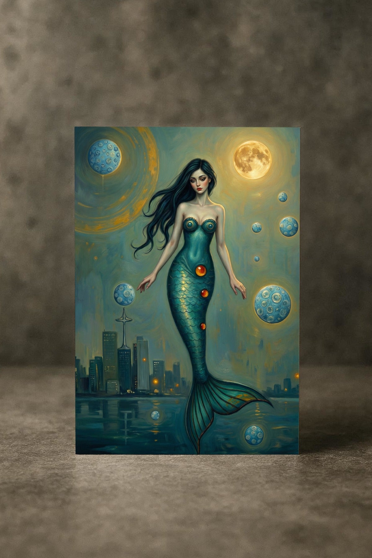 Digitales Poster mit Meerjungfrau, Mond und Skyline in Türkis- und Goldtönen als mystische Wandkunst für moderne Wohnräume