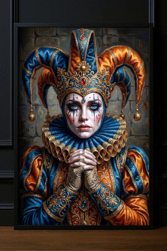 Poster mit melancholischer Närrin in Blau und Orange als gerahmte Wandkunst im dunklen Wohnzimmer-Mockup