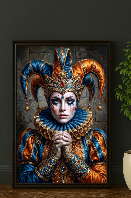 Digitales Närrin-Poster im Hochformat mit Harlekinfigur, blauen Tränen, goldverziertem Kostüm und opulenter Narrenkappe vor dunklem Hintergrund.